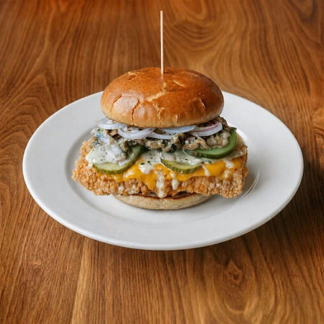 Mr. Onion Fried Tofu Sandwich.